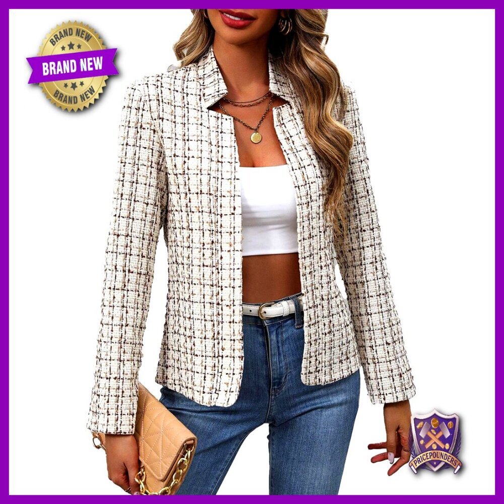 Women's Tweed Blazer Fully Lined Open Front Professional Work Office Coat